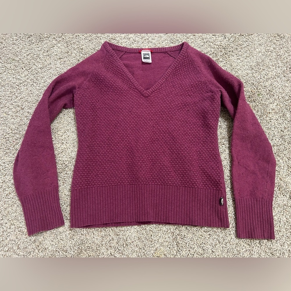 The North Face Women's V-Neck Sweater Burgundy Cotton Wool Nylon Knit Size Large